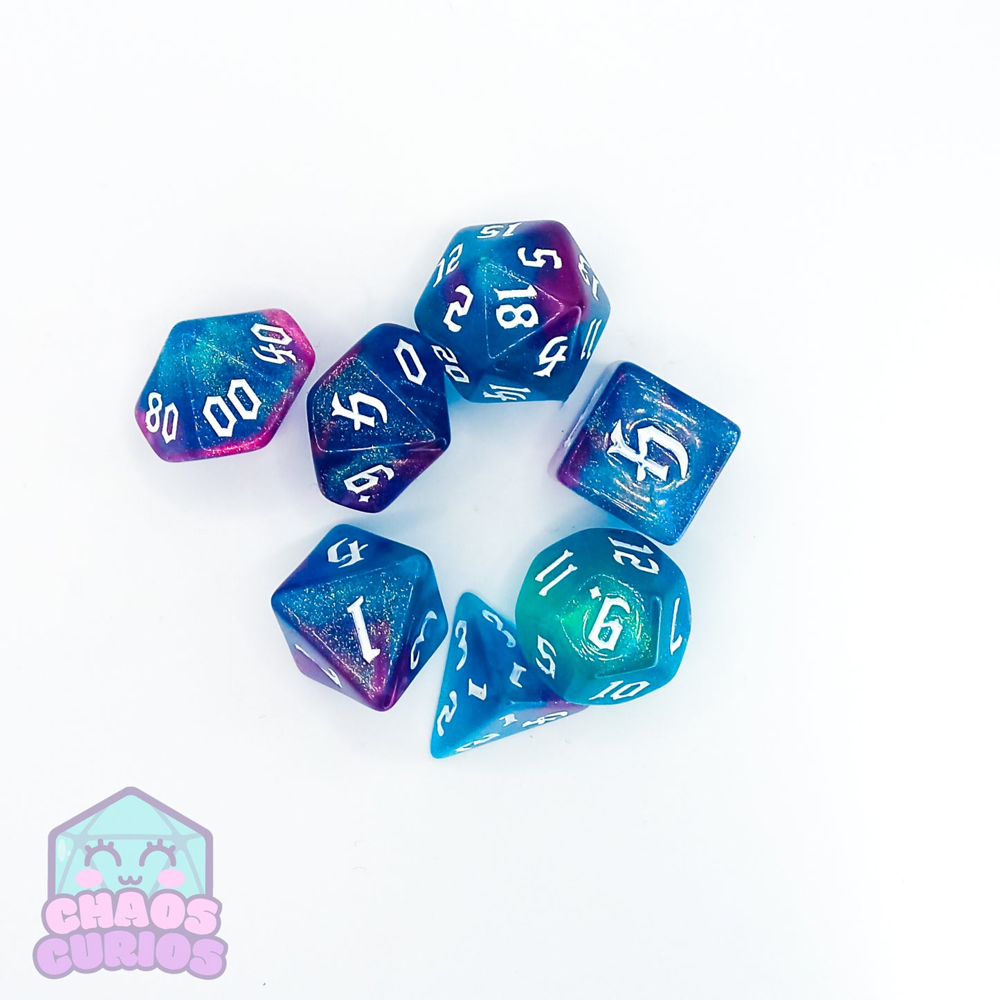 Glitter Blue/Pink 7-piece Dice Set Chaos Font