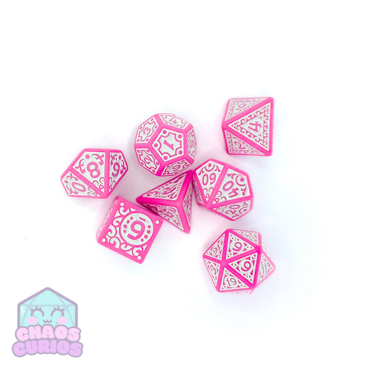 Pink White Glyph 7-piece Dice Set