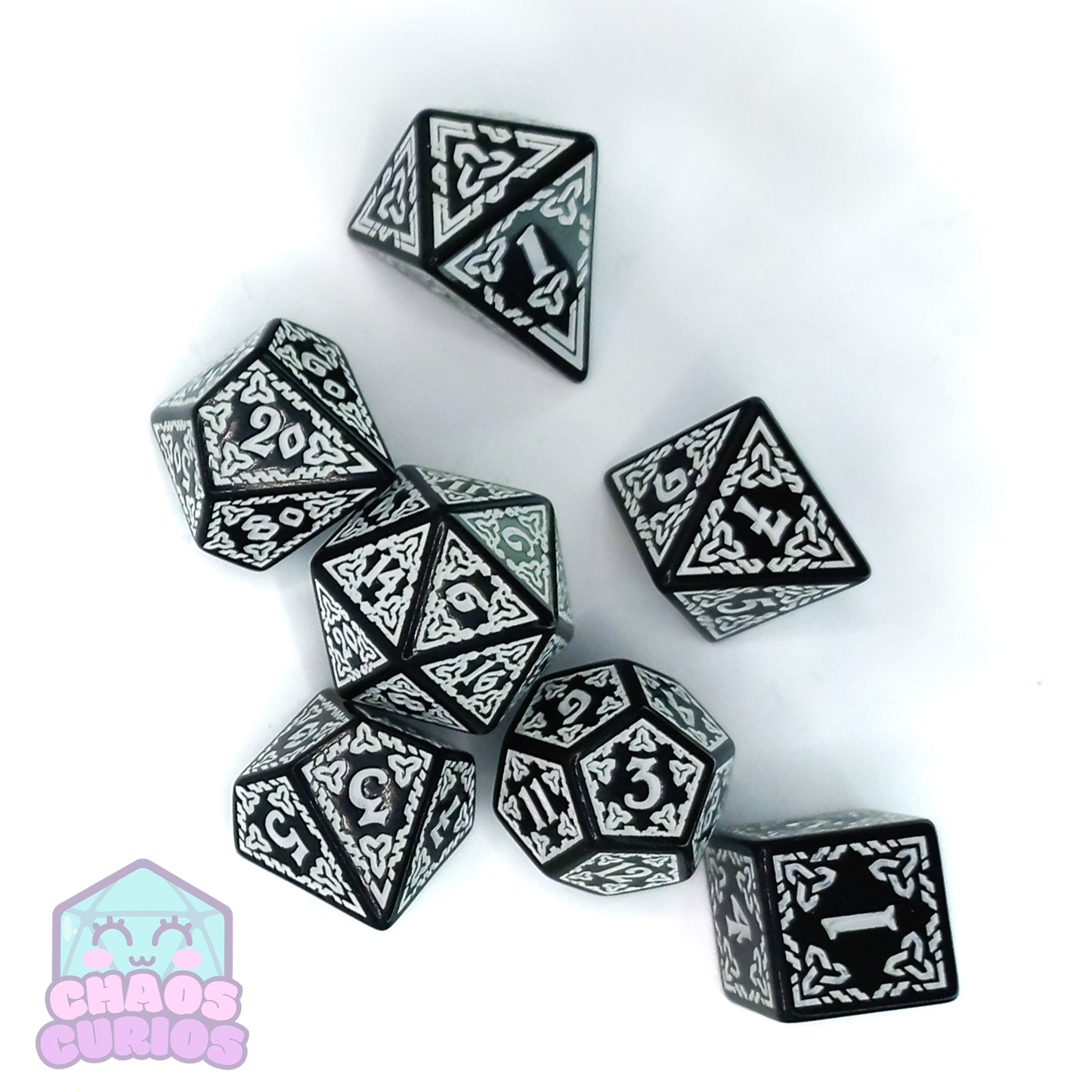 White Black Glyph 7-piece Dice Set - Quadrilateral/Kite D4