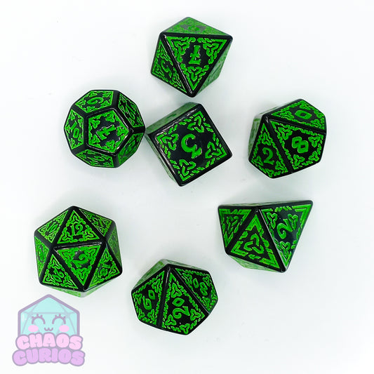 Green Black Glyph 7-piece Dice Set - Quadrilateral/Kite D4