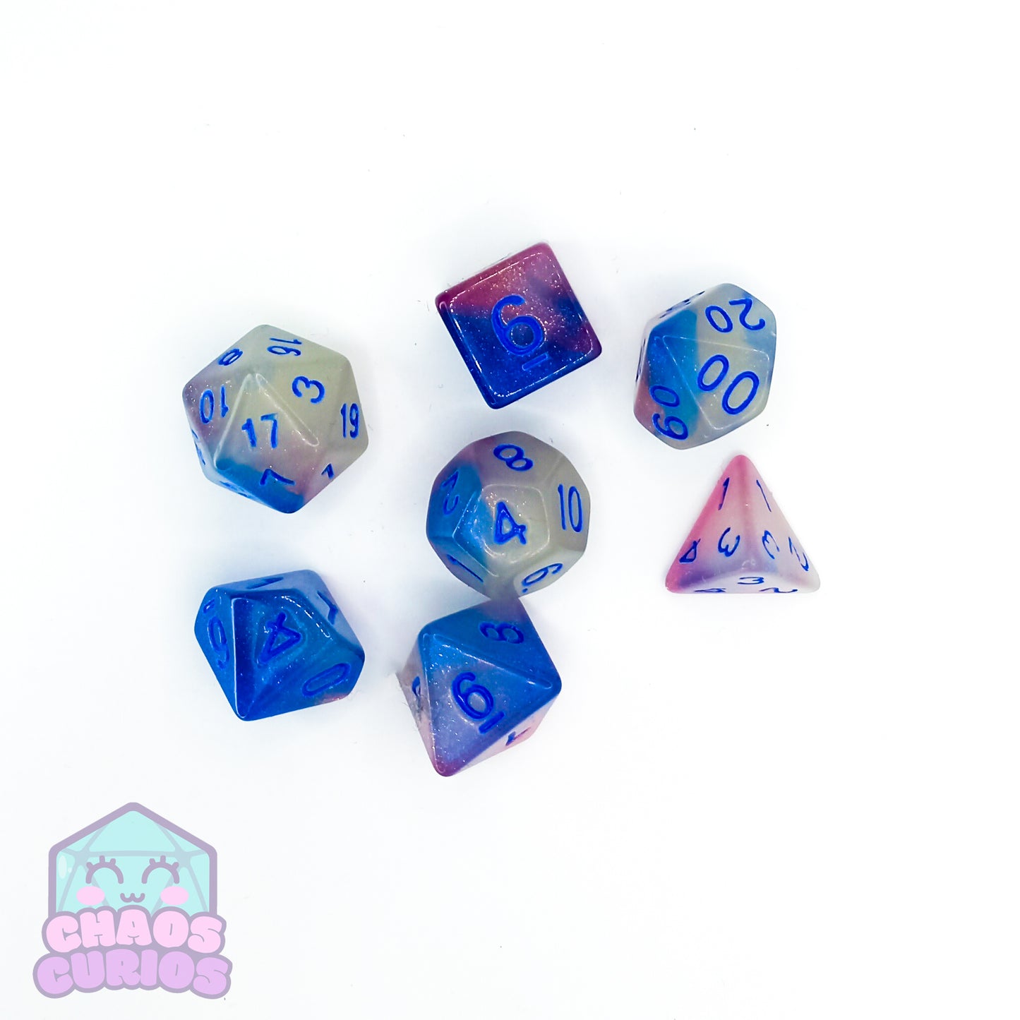 Frosted White Blue 7-piece Dice Set Glow in the Dark