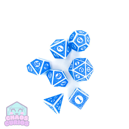 Blue White Glyph 7-piece Dice Set