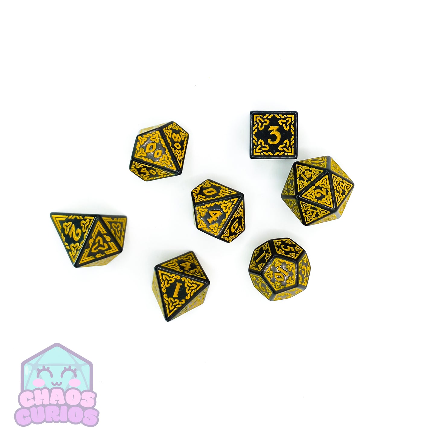 Yellow Black Glyph 7-piece Dice Set - Quadrilateral/Kite D4