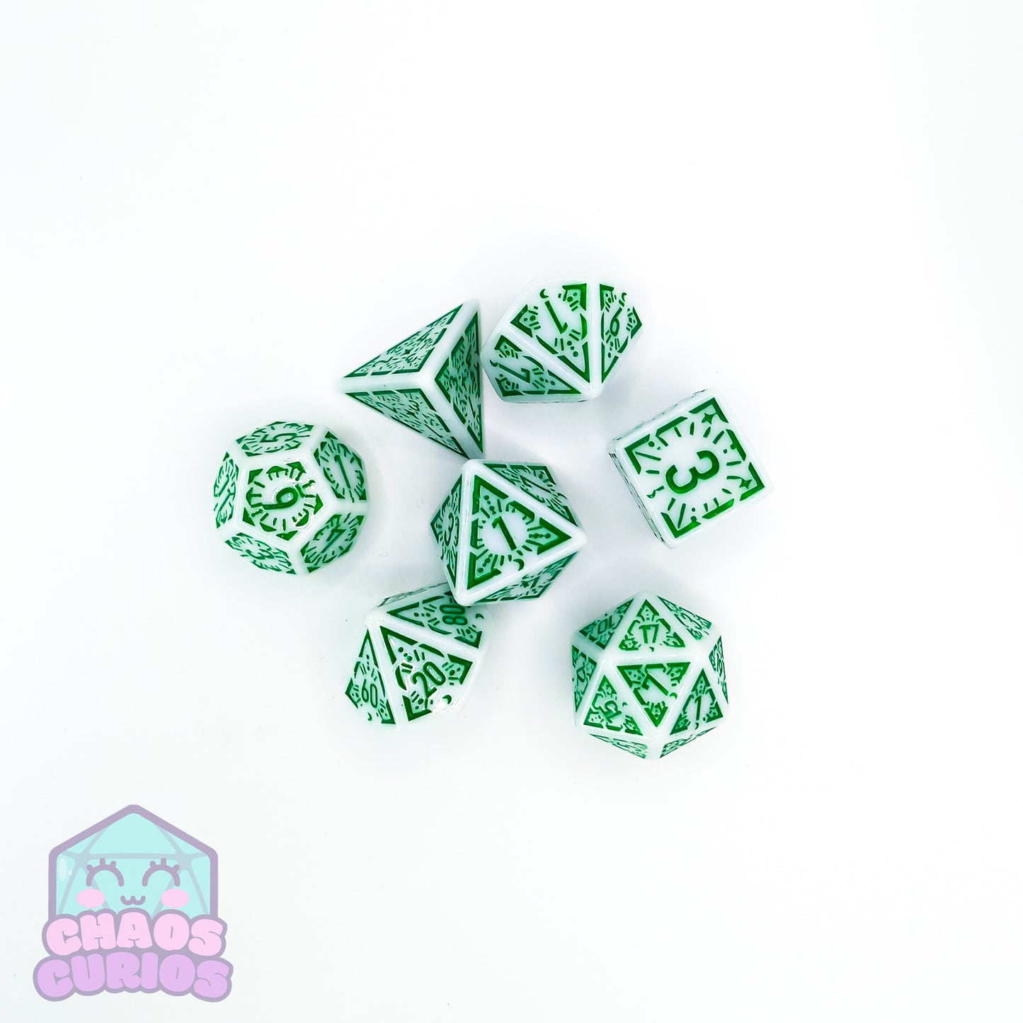 Green White Glyph 7-piece Dice Set