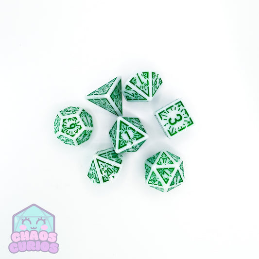 Green White Glyph 7-piece Dice Set