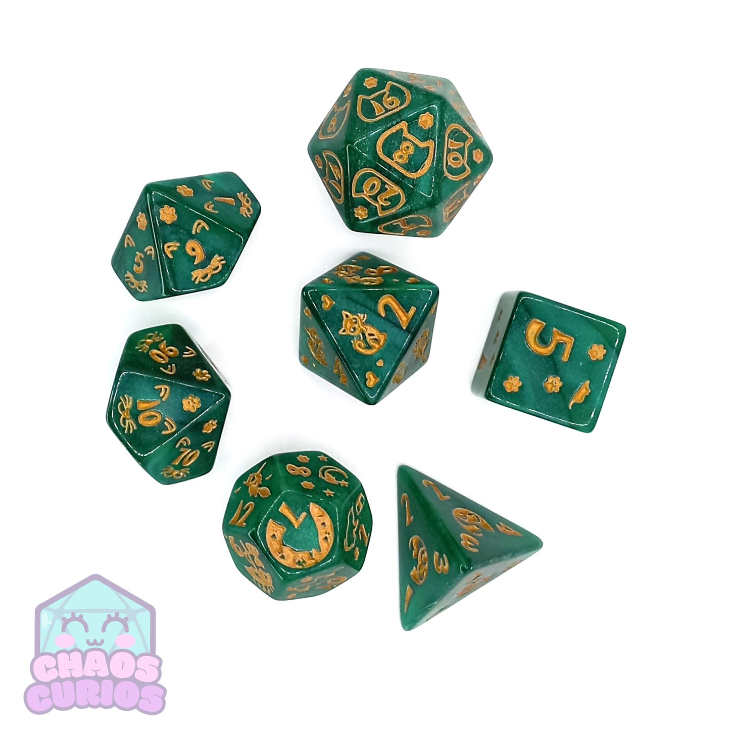 Green Gold Cat Paws 7-piece Dice Set