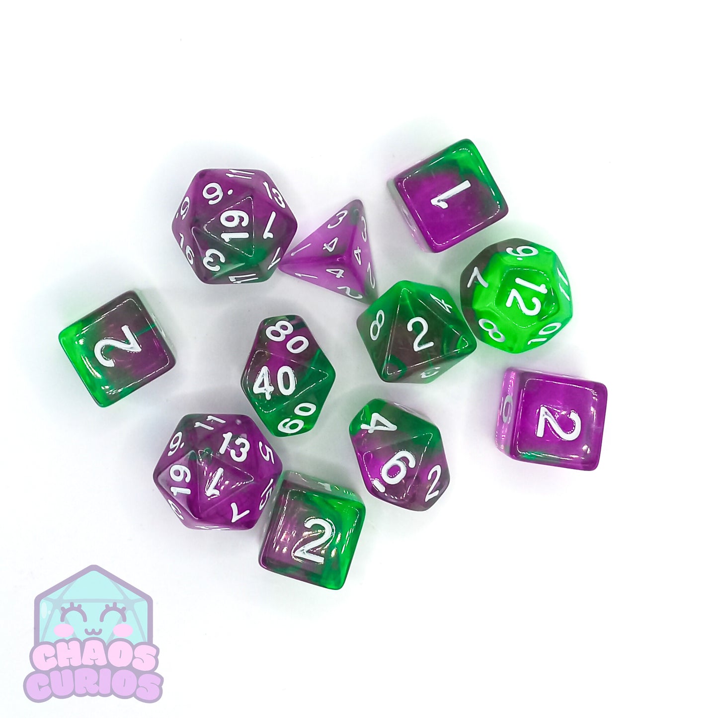 Purple Green Swirl 11-piece Dice Set