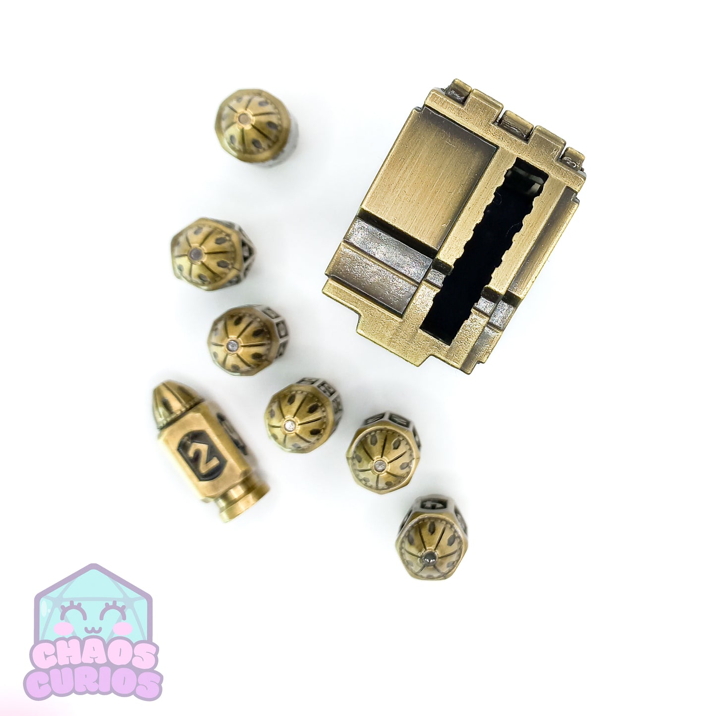 Bullet Brushed Gold 7-piece Metal Dice Set with Magazine Clip