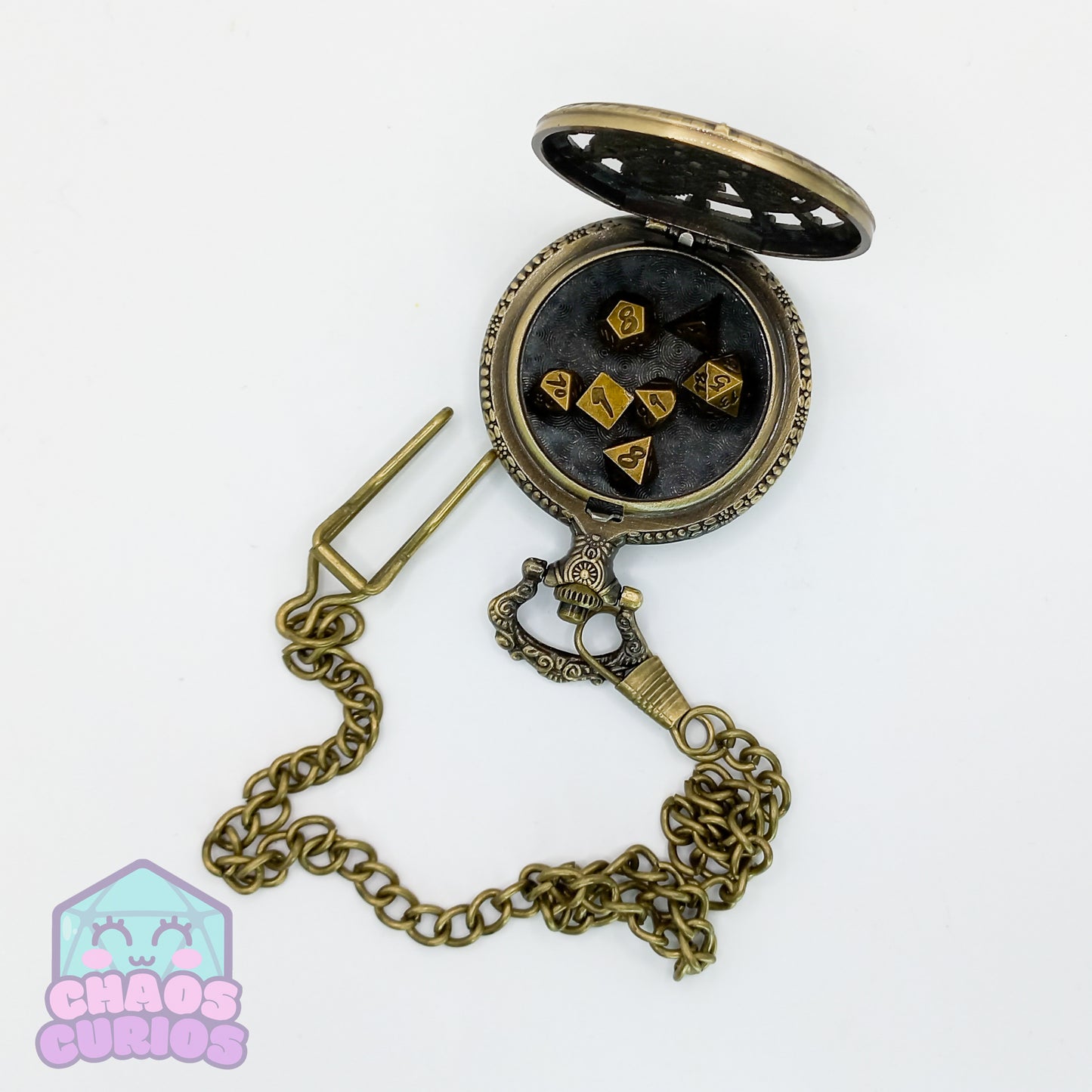 Pocket Watch filled with Micro Metal Dice Gold 7-piece Metal Dice Set