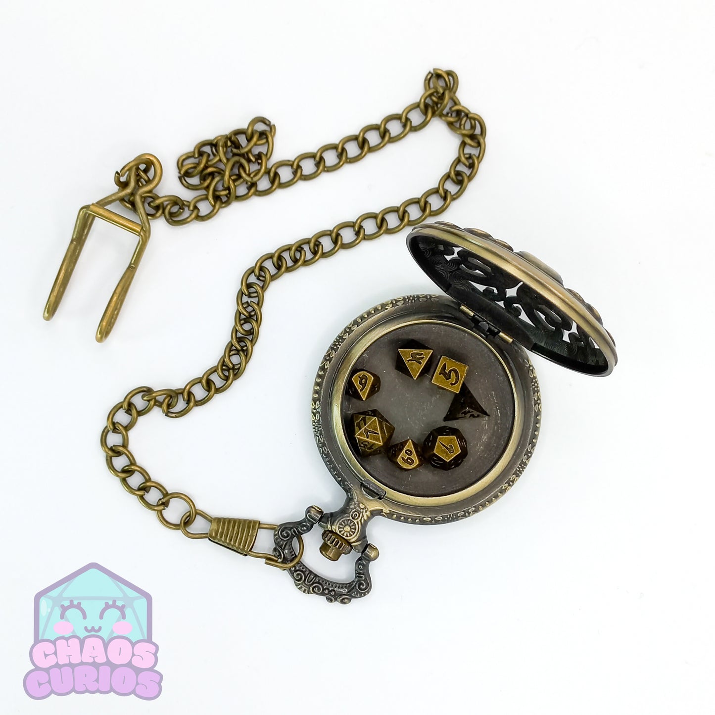 Pocket Watch filled with Micro Metal Dice Gold 7-piece Metal Dice Set