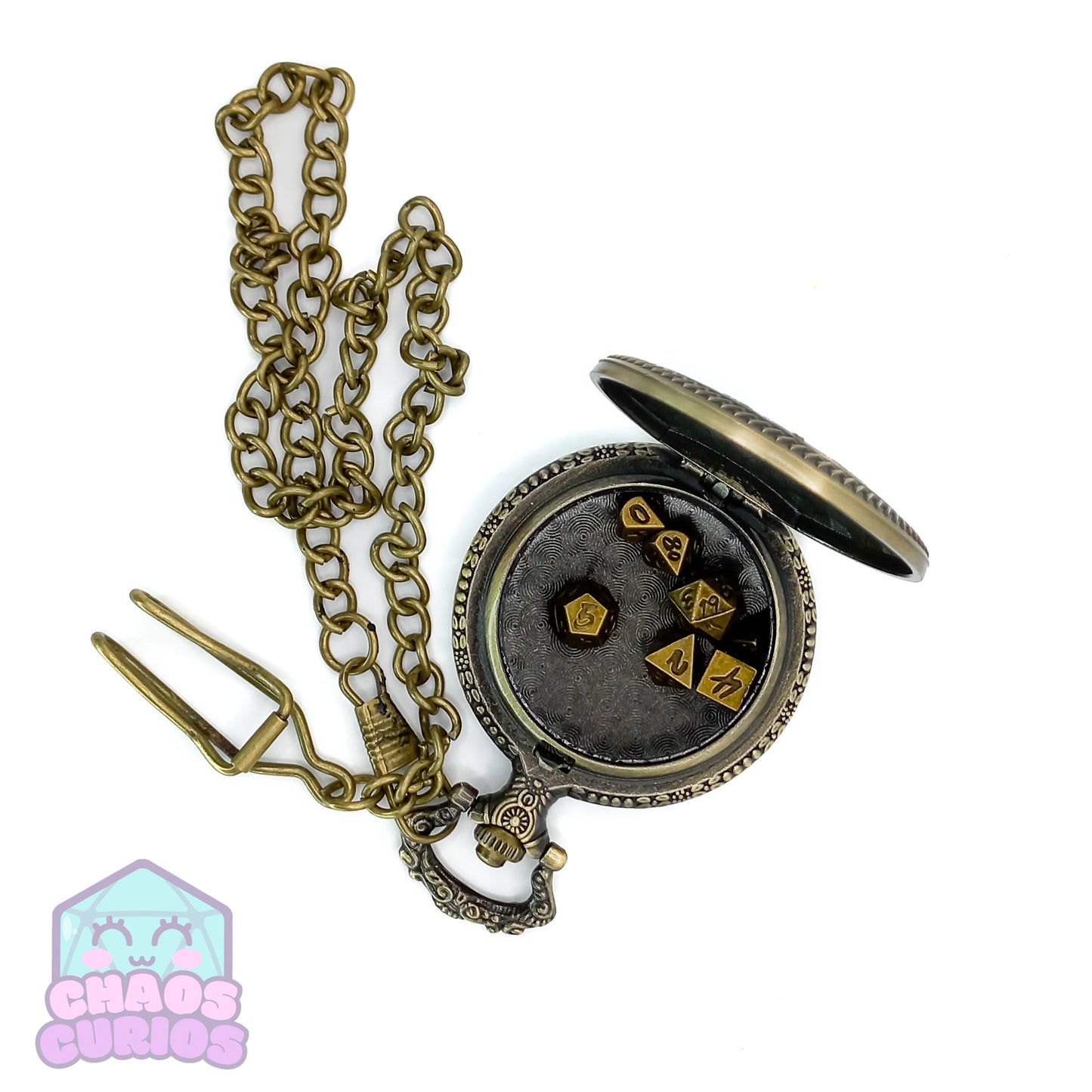 Pocket Watch filled with Micro Metal Dice Gold 7-piece Metal Dice Set