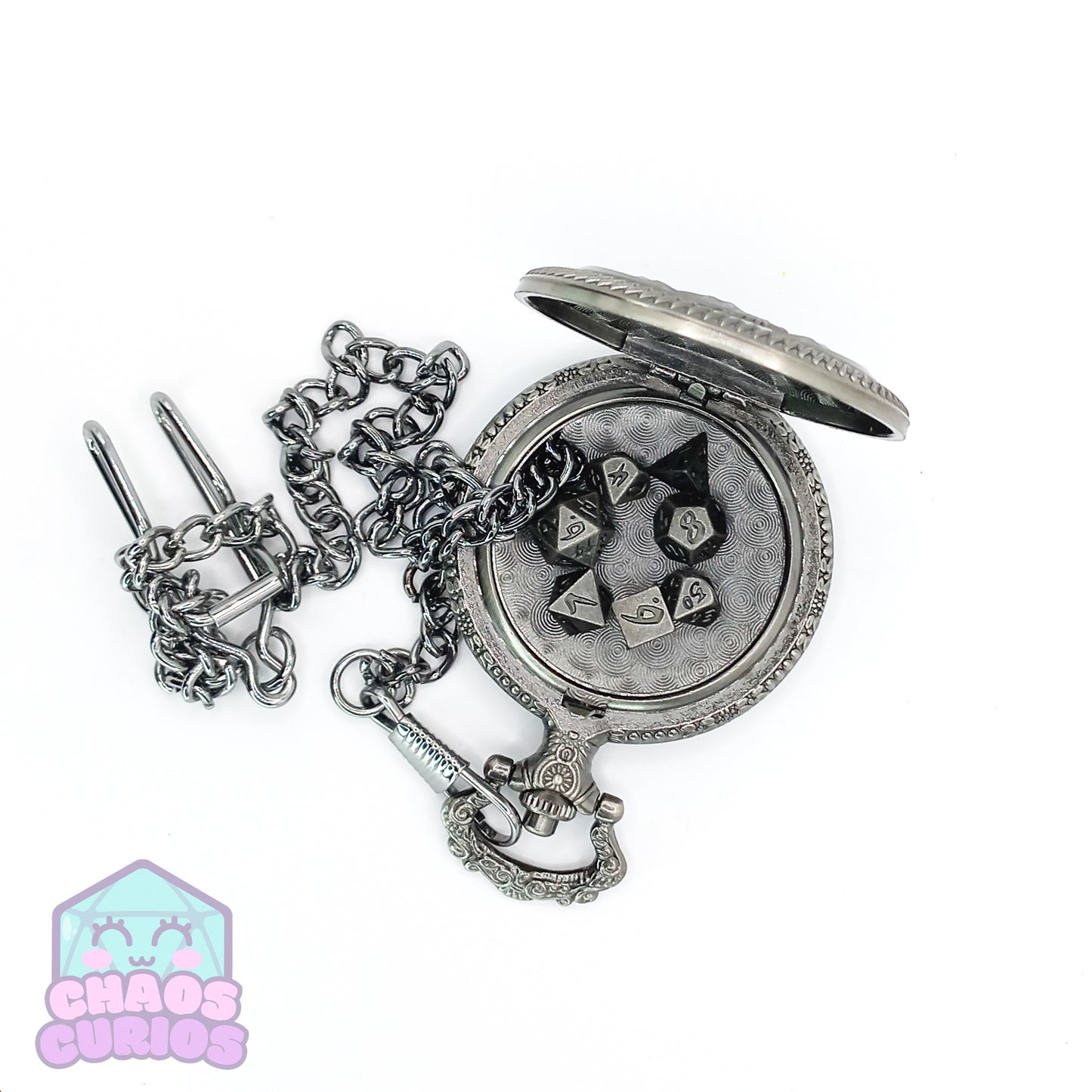 Pocket Watch filled with Micro Metal Dice Silver 7-piece Metal Dice Set