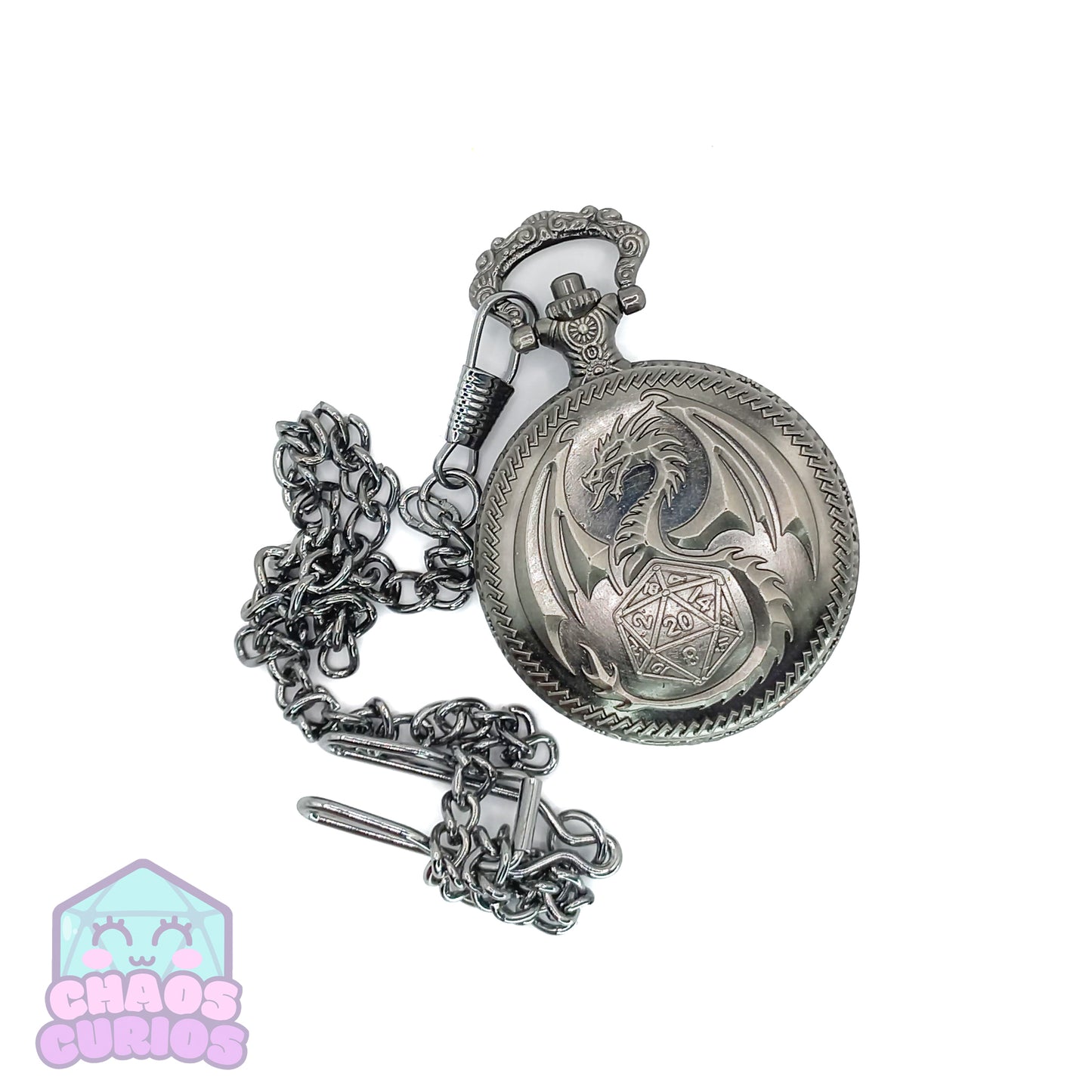 Pocket Watch filled with Micro Metal Dice Silver 7-piece Metal Dice Set