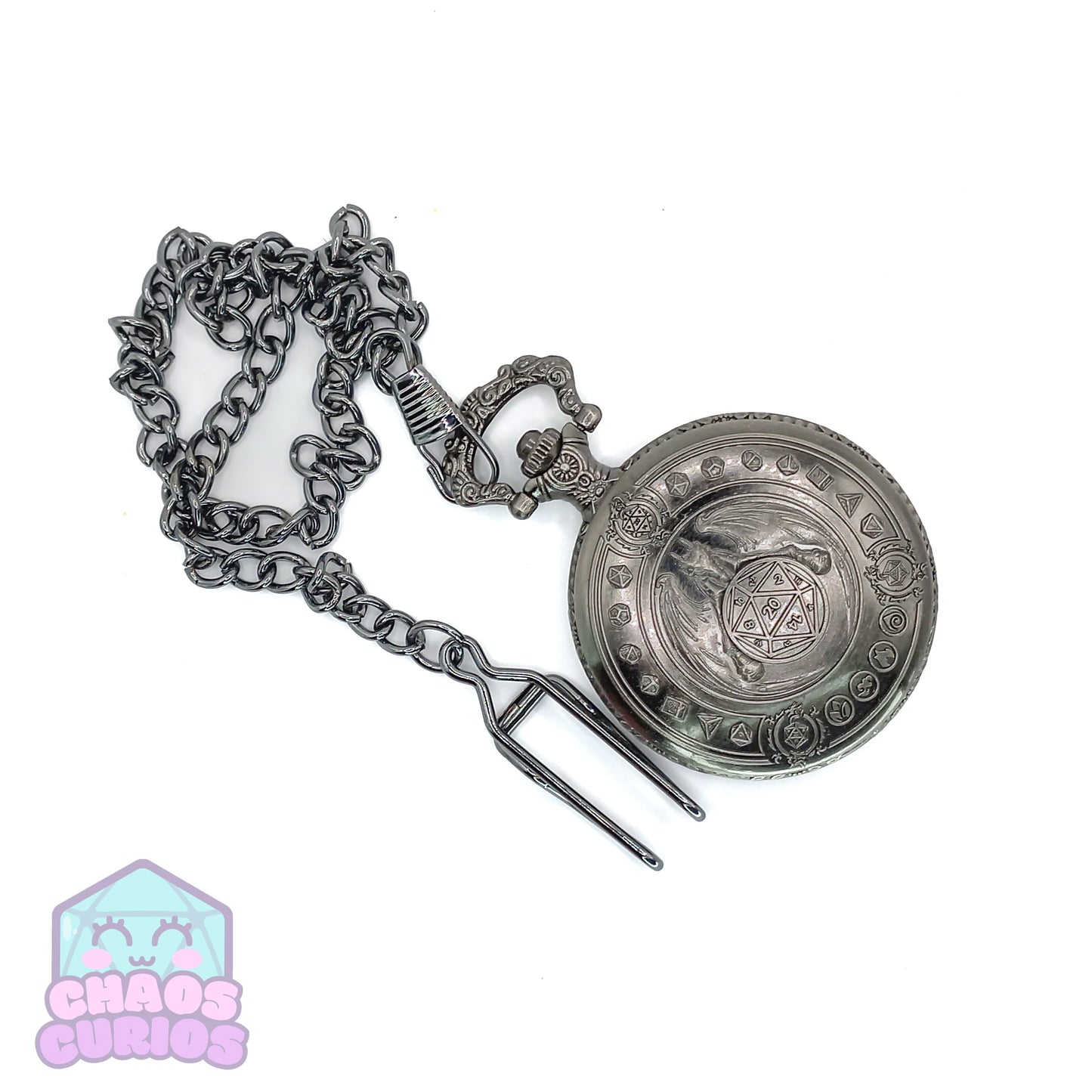 Pocket Watch filled with Micro Metal Dice Silver 7-piece Metal Dice Set