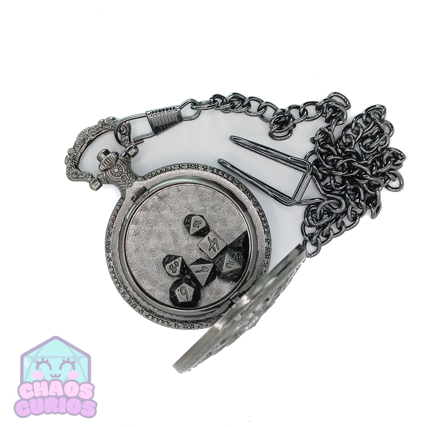 Pocket Watch filled with Micro Metal Dice Silver 7-piece Metal Dice Set