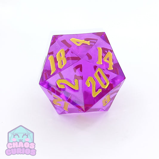 Pink 55mm Chonker D20 with Gold Chaos Font Inking