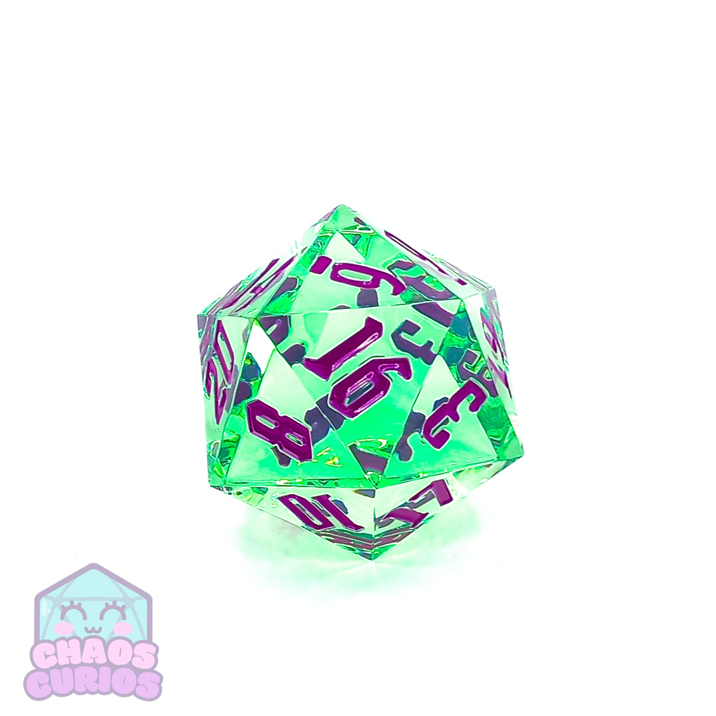 Teal 55mm Chonker D20 with Purple Chaos Font Inking