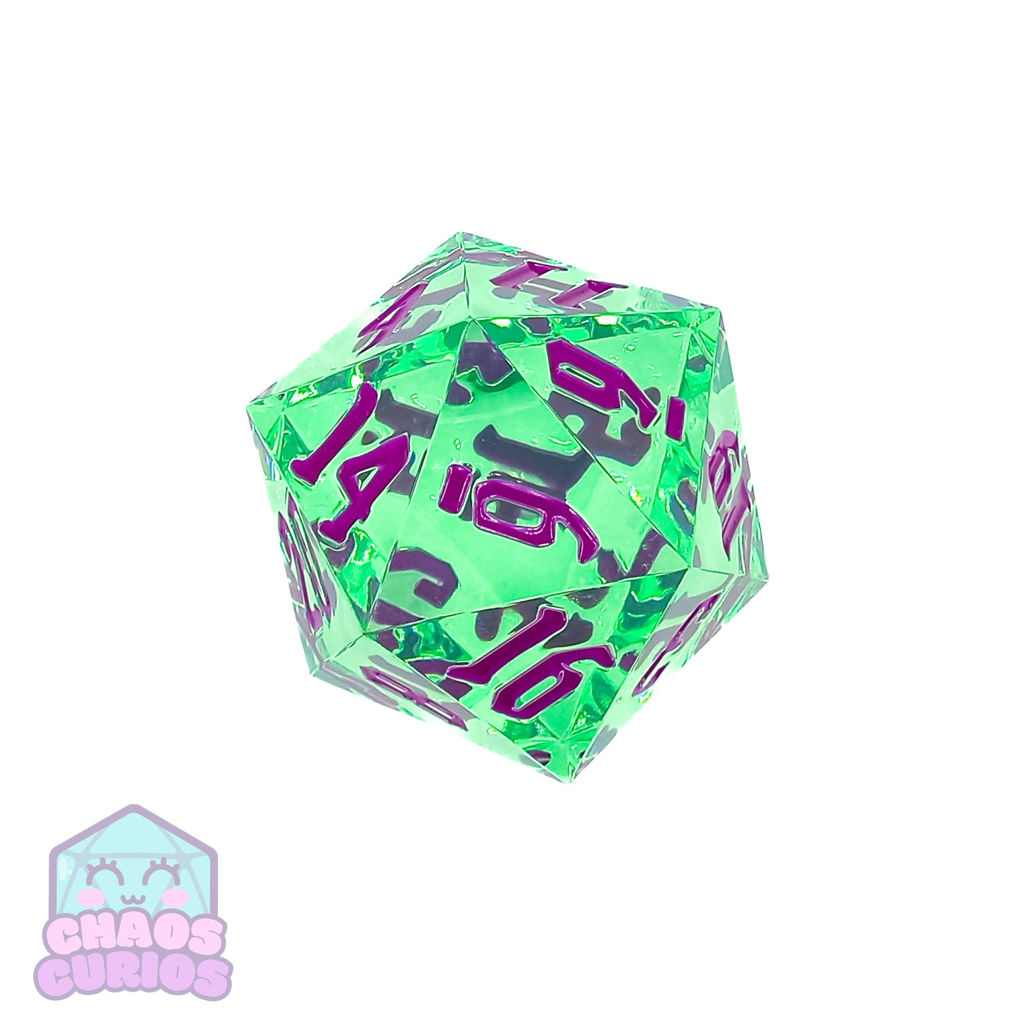 Teal 55mm Chonker D20 with Purple Chaos Font Inking