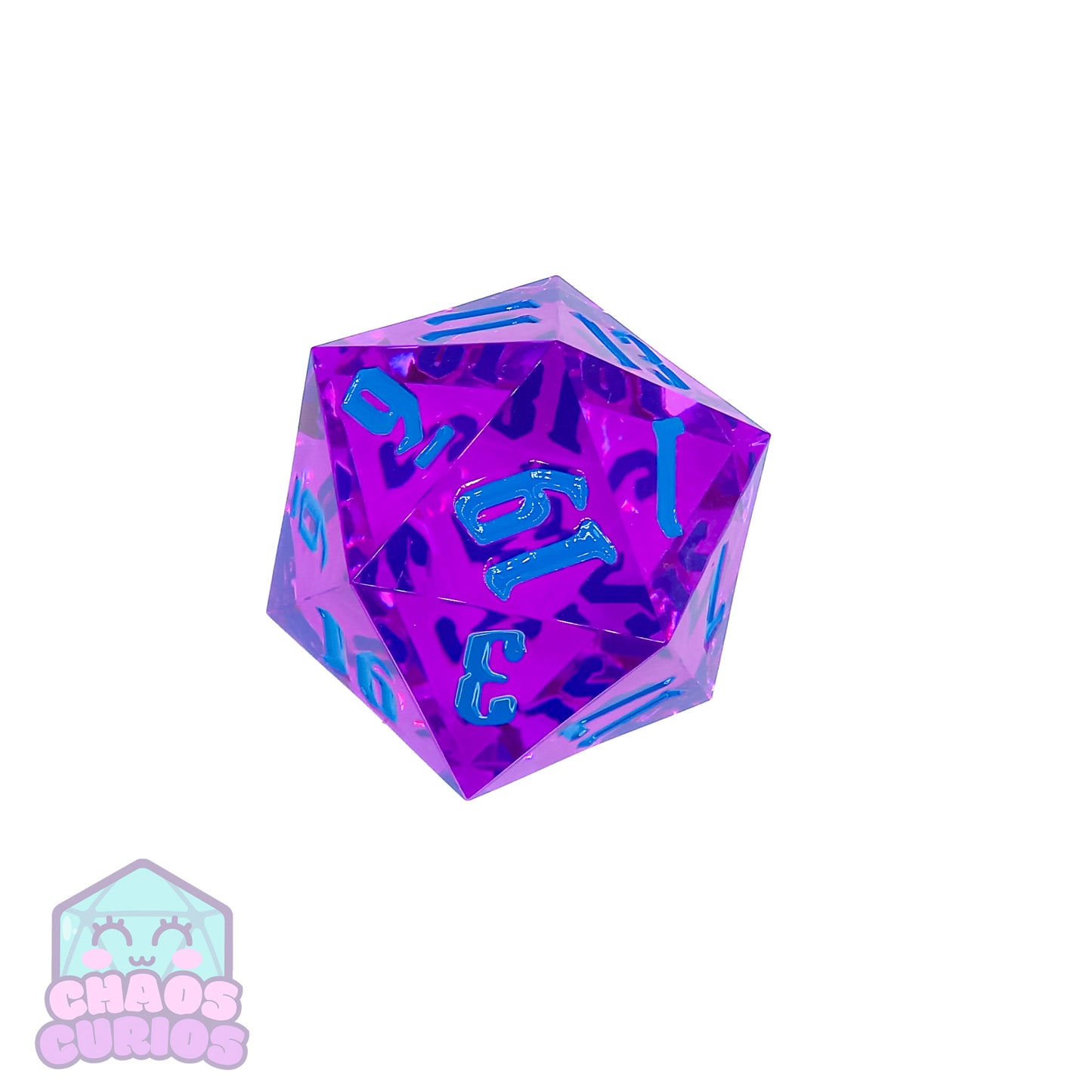 Purple 55mm Chonker D20 with Blue Chaos Font Inking