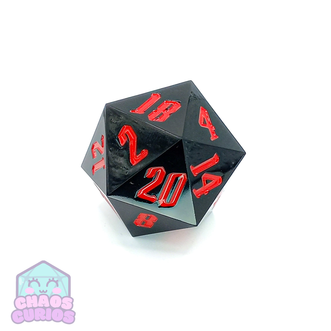 Red Black 55mm Chonker D20 with Chaos Font Inking