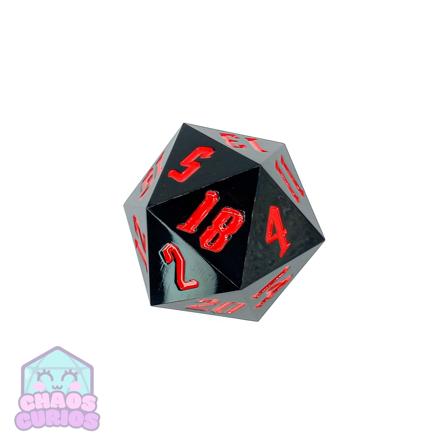 Red Black 55mm Chonker D20 with Chaos Font Inking