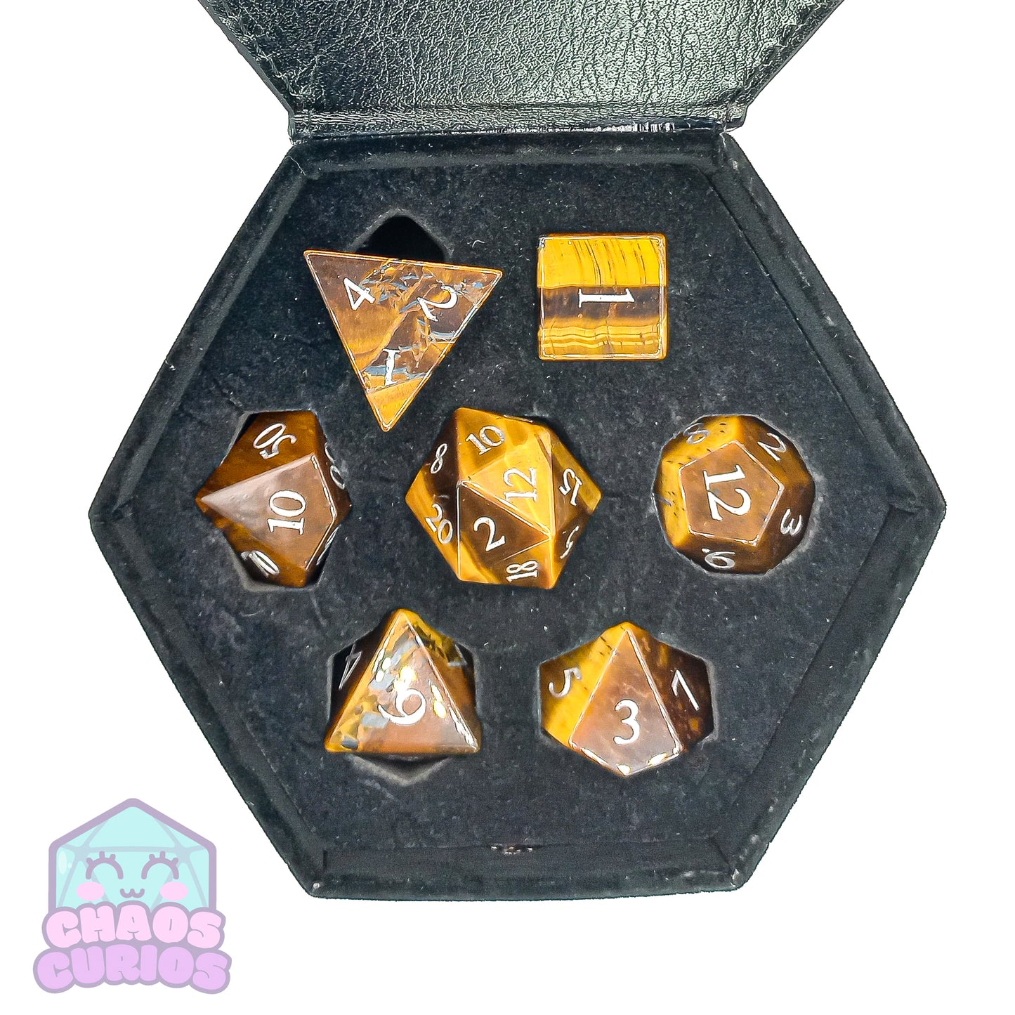 Tiger's Eye Gemstone 7-piece Sharp Edged Dice Set