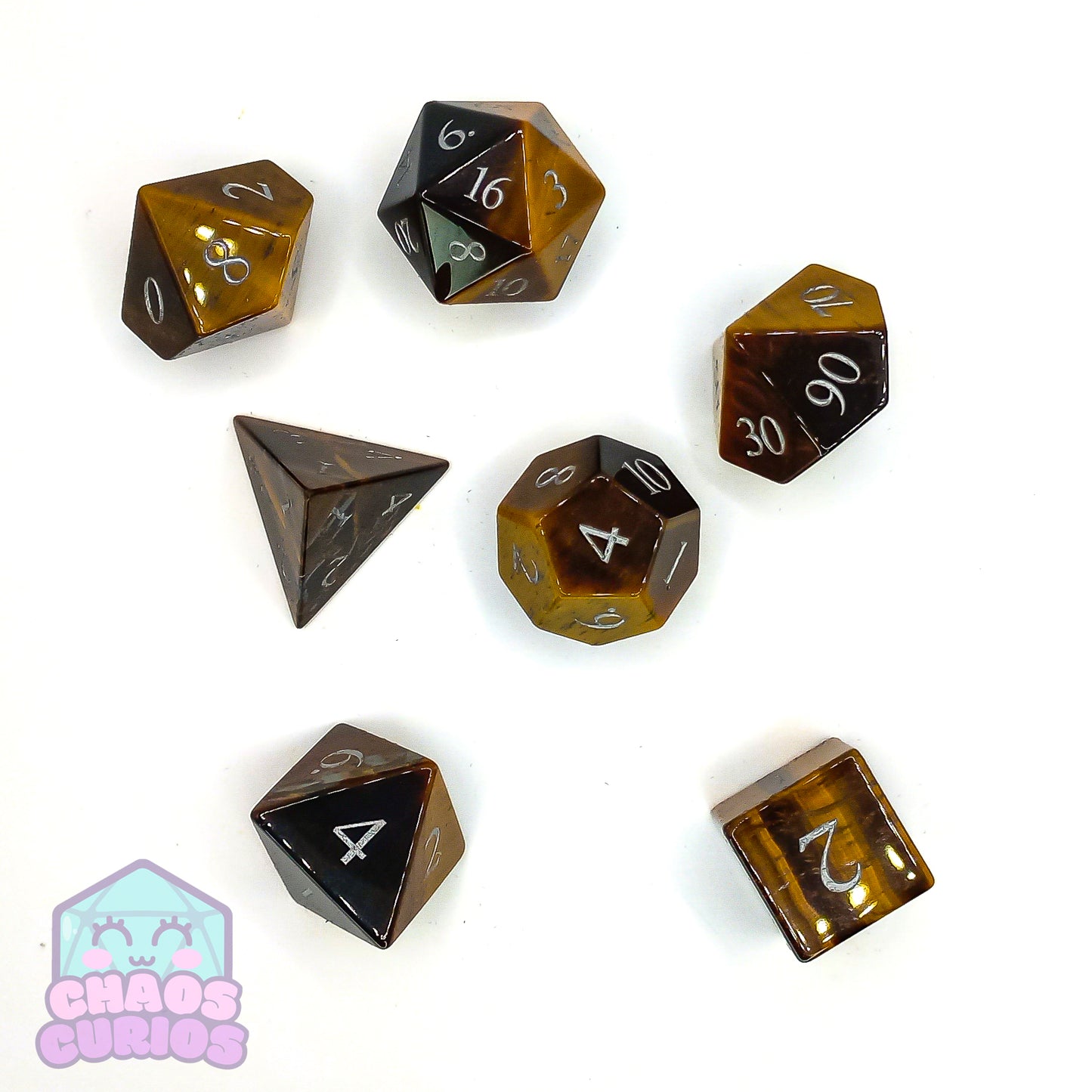 Tiger's Eye Gemstone 7-piece Sharp Edged Dice Set