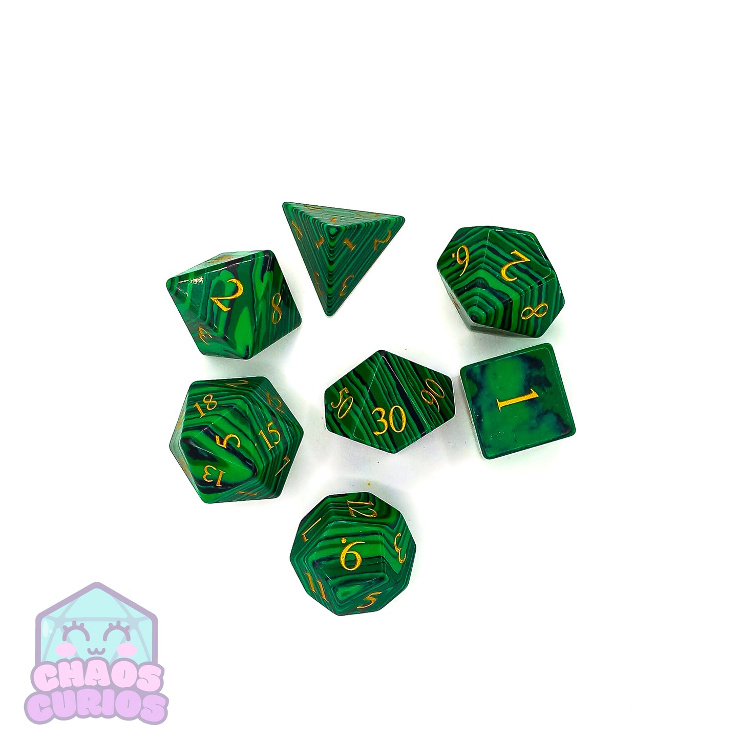 Malachite Gemstone 7-piece Sharp Edged Dice Set