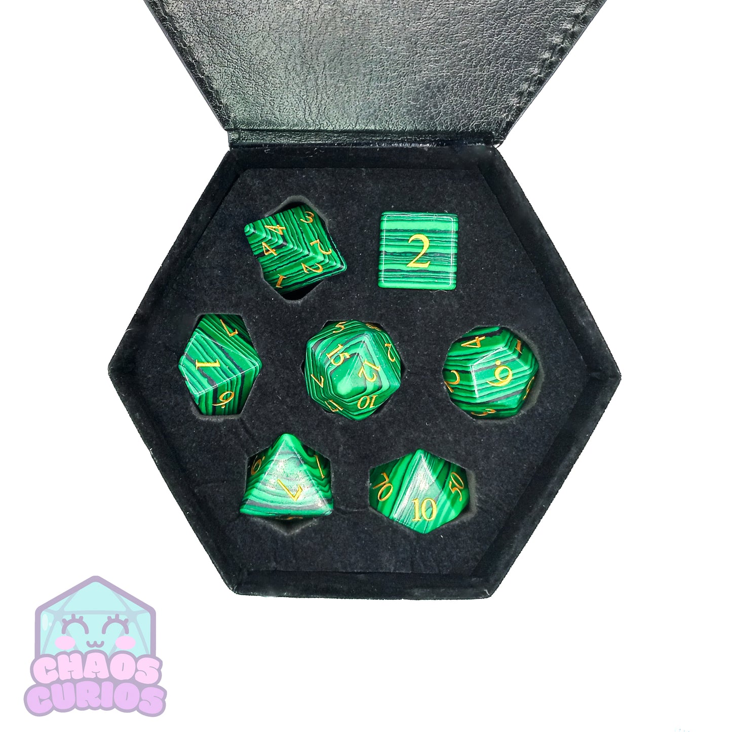 Malachite Gemstone 7-piece Sharp Edged Dice Set