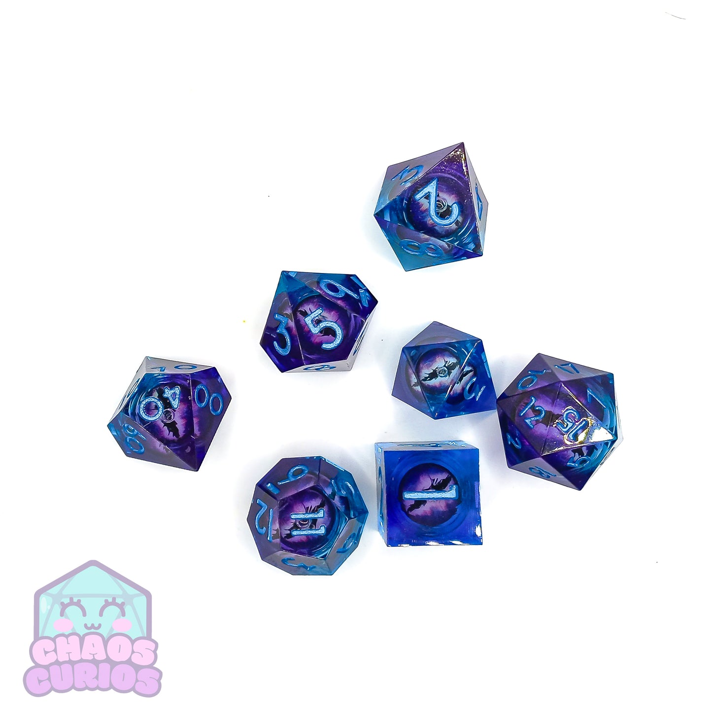 Rolling Purple Monster Dragon Eyes 7-piece Liquid Core Sharp Edged Resin Dice Set