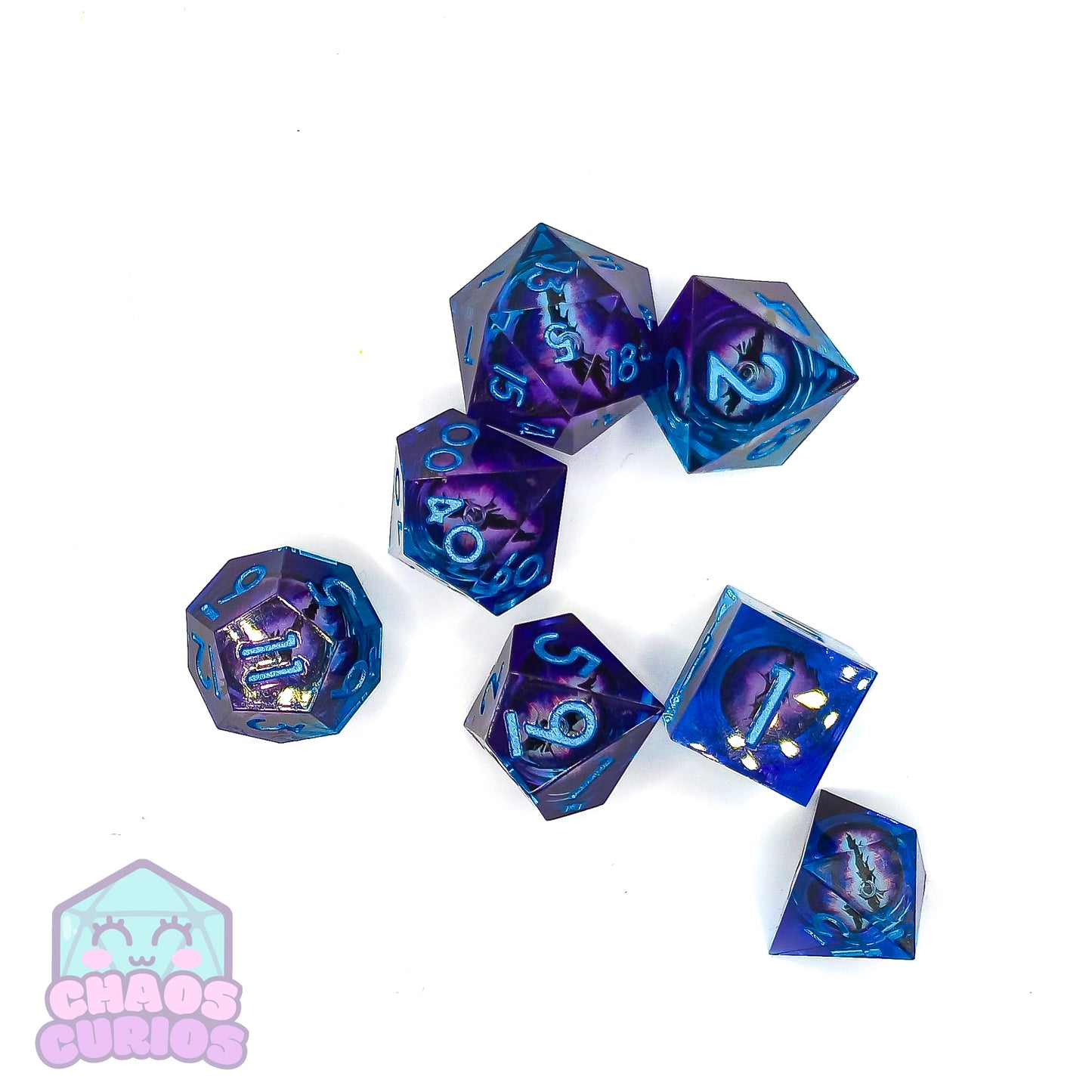 Rolling Purple Monster Dragon Eyes 7-piece Liquid Core Sharp Edged Resin Dice Set