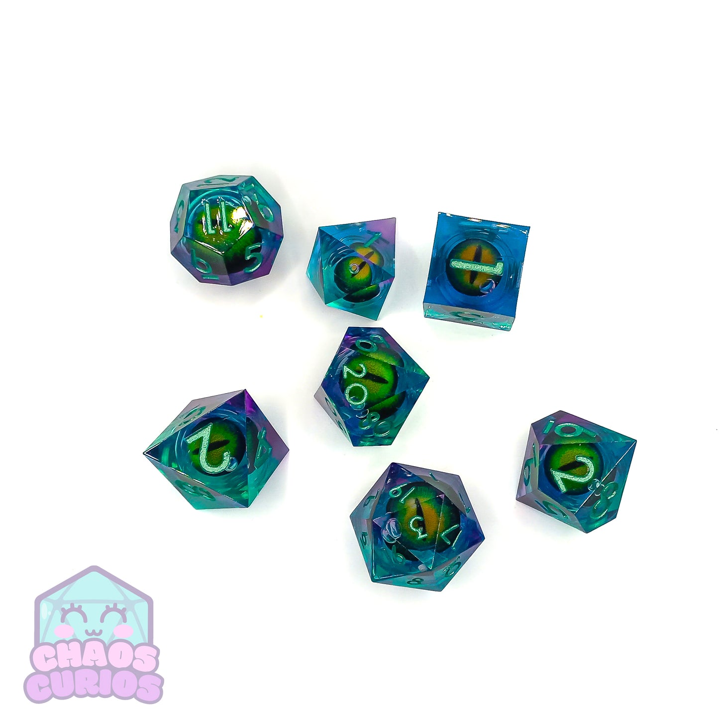 Rolling Green Monster Dragon Eyes 7-piece Liquid Core Sharp Edged Resin Dice Set