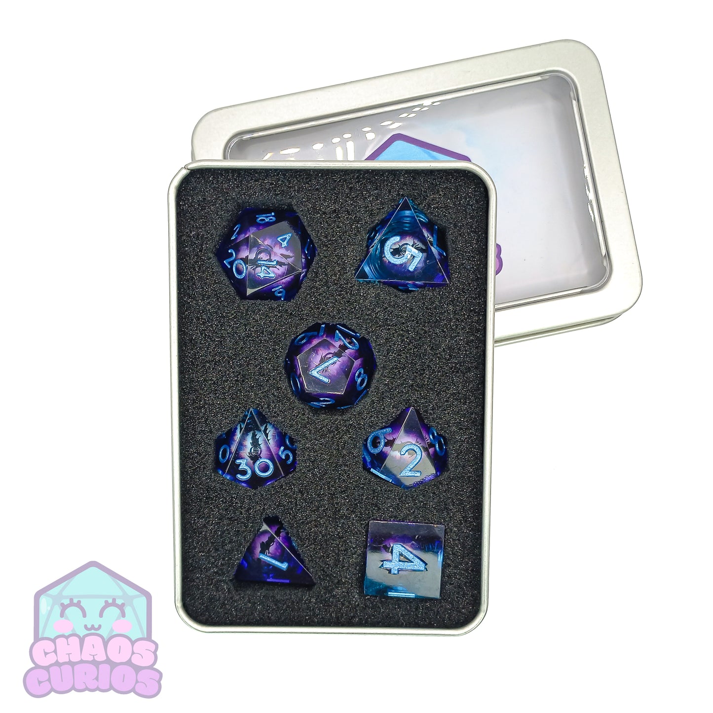 Rolling Purple Monster Dragon Eyes 7-piece Liquid Core Sharp Edged Resin Dice Set