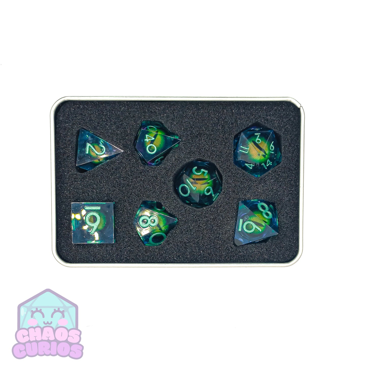 Rolling Green Monster Dragon Eyes 7-piece Liquid Core Sharp Edged Resin Dice Set