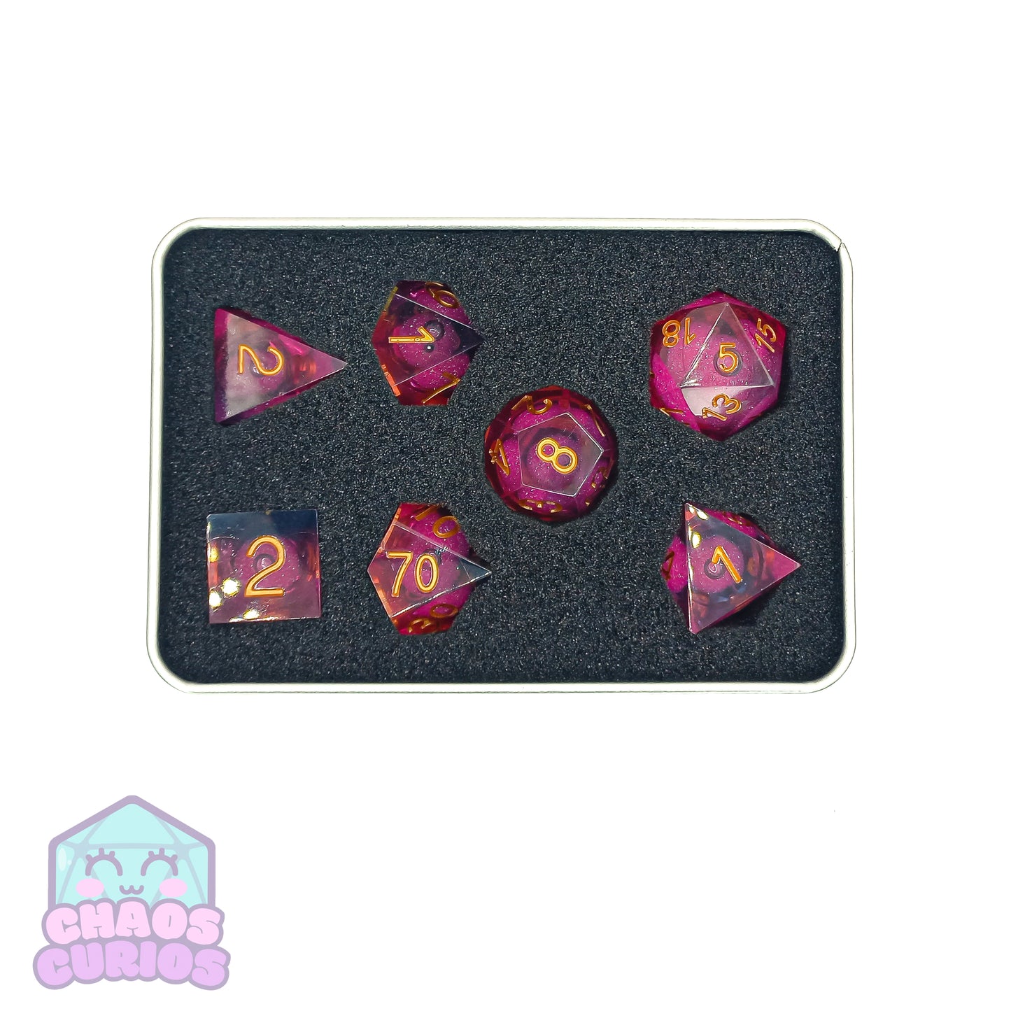 Glitter Pink Gold 7-piece Liquid Core Sharp Edged Resin Dice Set