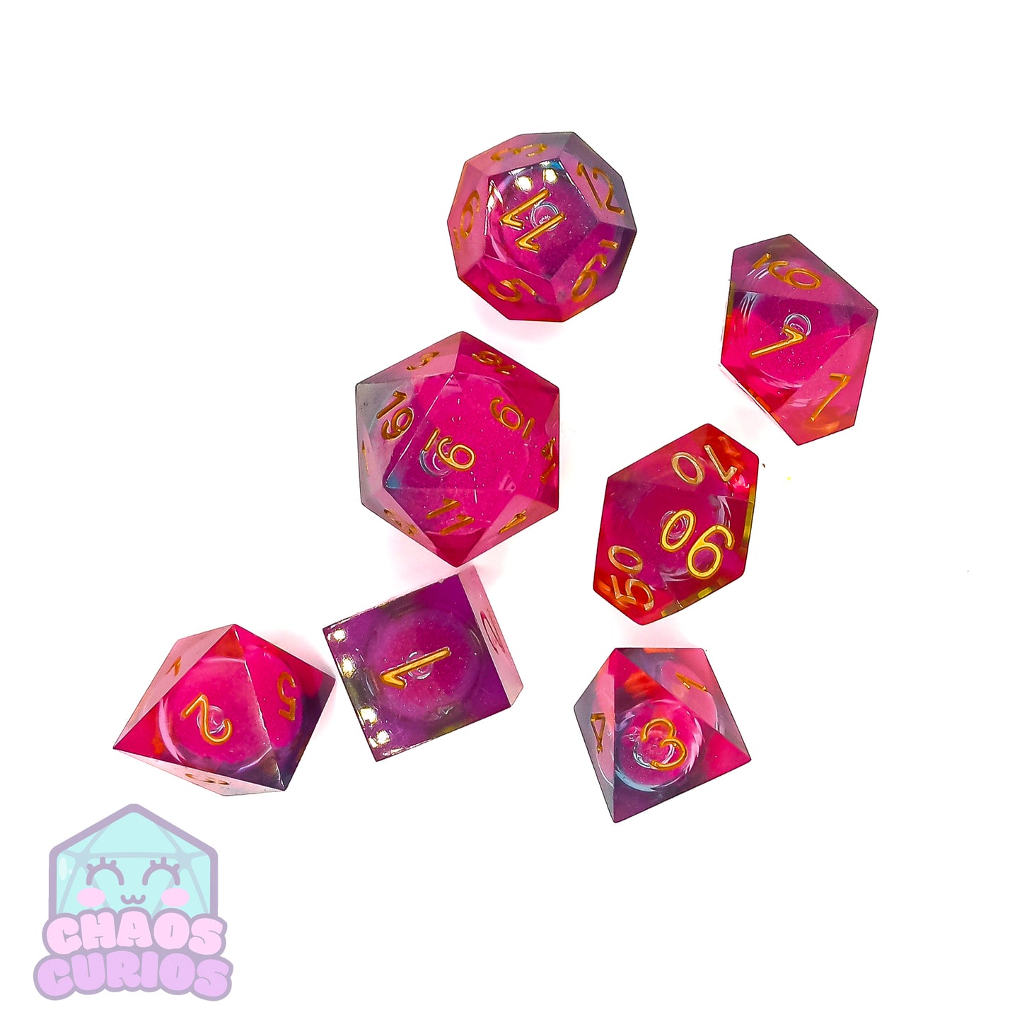 Glitter Pink Gold 7-piece Liquid Core Sharp Edged Resin Dice Set