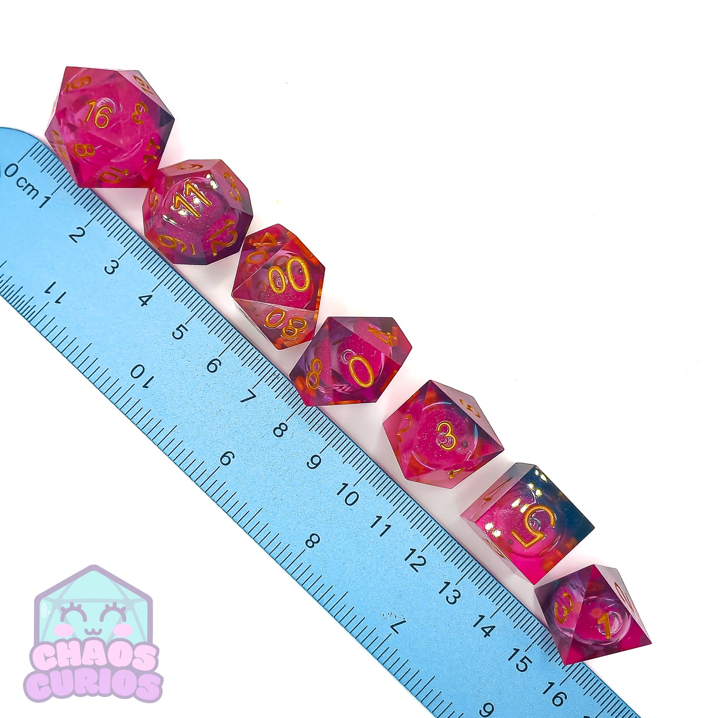 Glitter Pink Gold 7-piece Liquid Core Sharp Edged Resin Dice Set