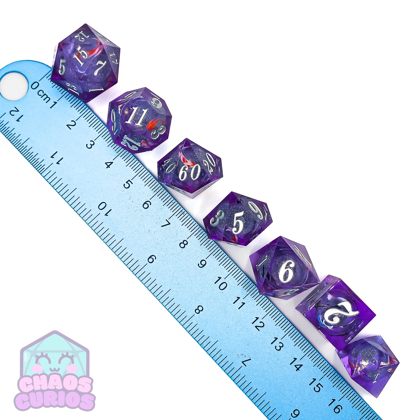 Glitter Koi Fish 7-piece Liquid Core Sharp Edged Resin Dice Set
