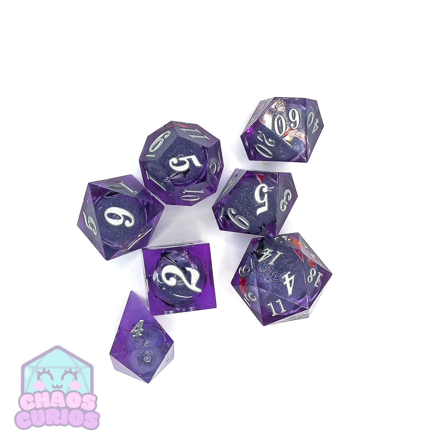 Glitter Koi Fish 7-piece Liquid Core Sharp Edged Resin Dice Set