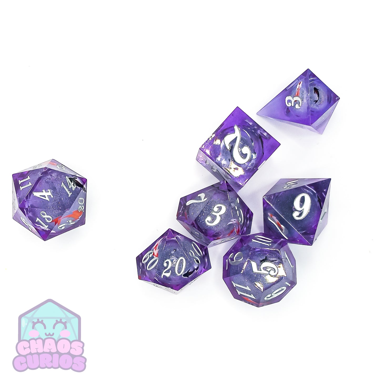Glitter Koi Fish 7-piece Liquid Core Sharp Edged Resin Dice Set