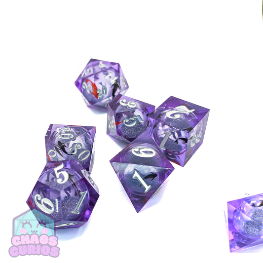 Glitter Koi Fish 7-piece Liquid Core Sharp Edged Resin Dice Set