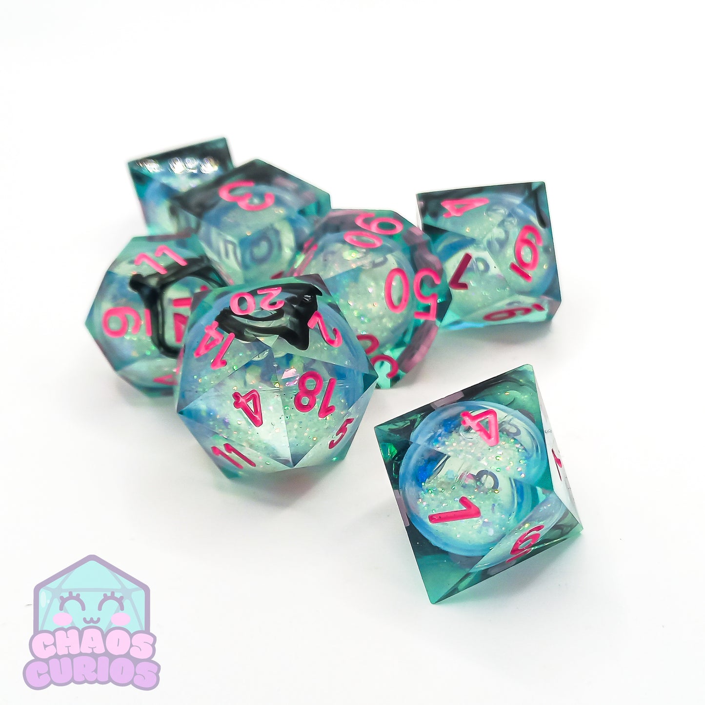 Glitter Silver Pink 7-piece Liquid Core Sharp Edged Resin Dice Set