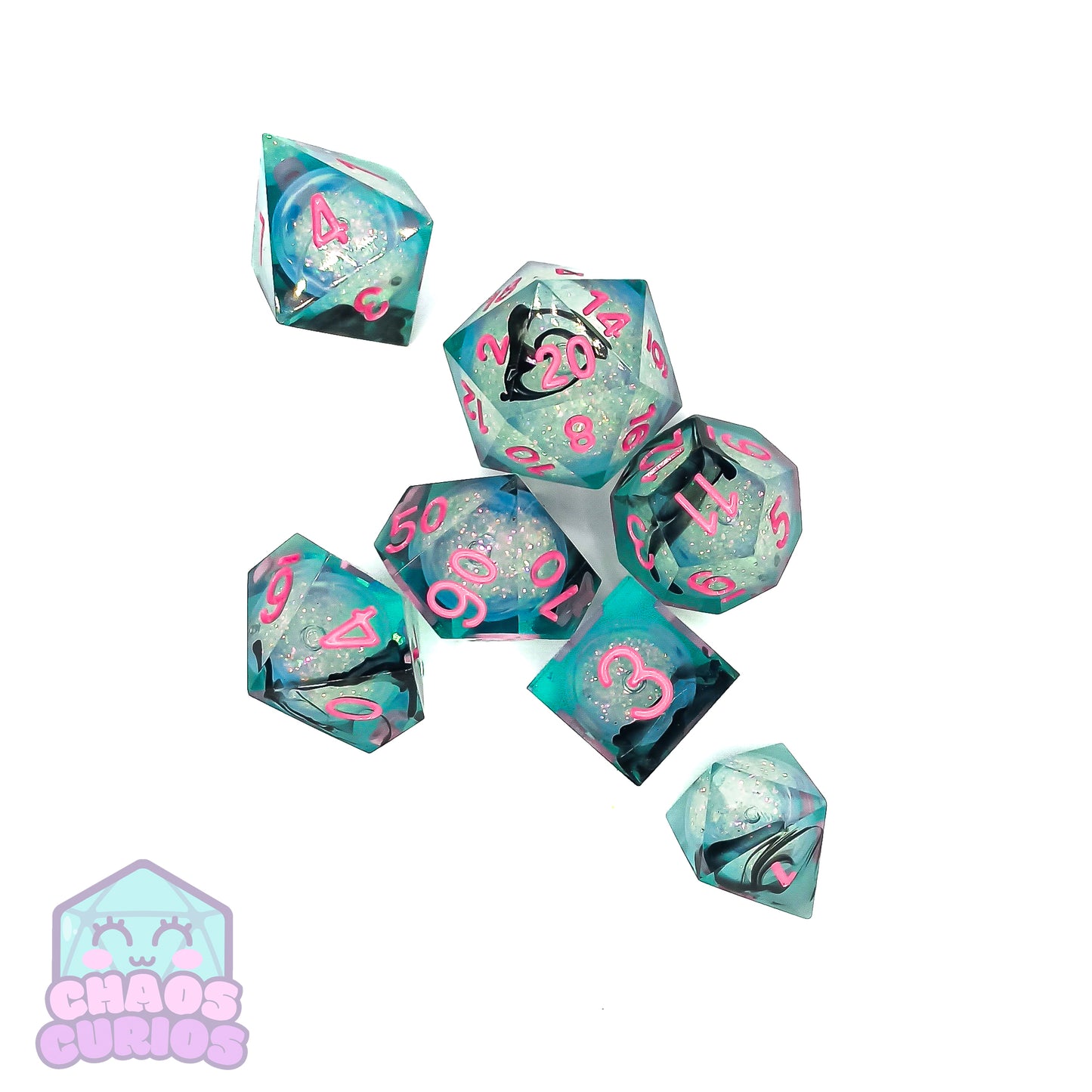 Glitter Silver Pink 7-piece Liquid Core Sharp Edged Resin Dice Set