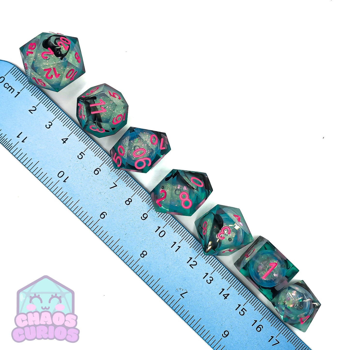 Glitter Silver Pink 7-piece Liquid Core Sharp Edged Resin Dice Set