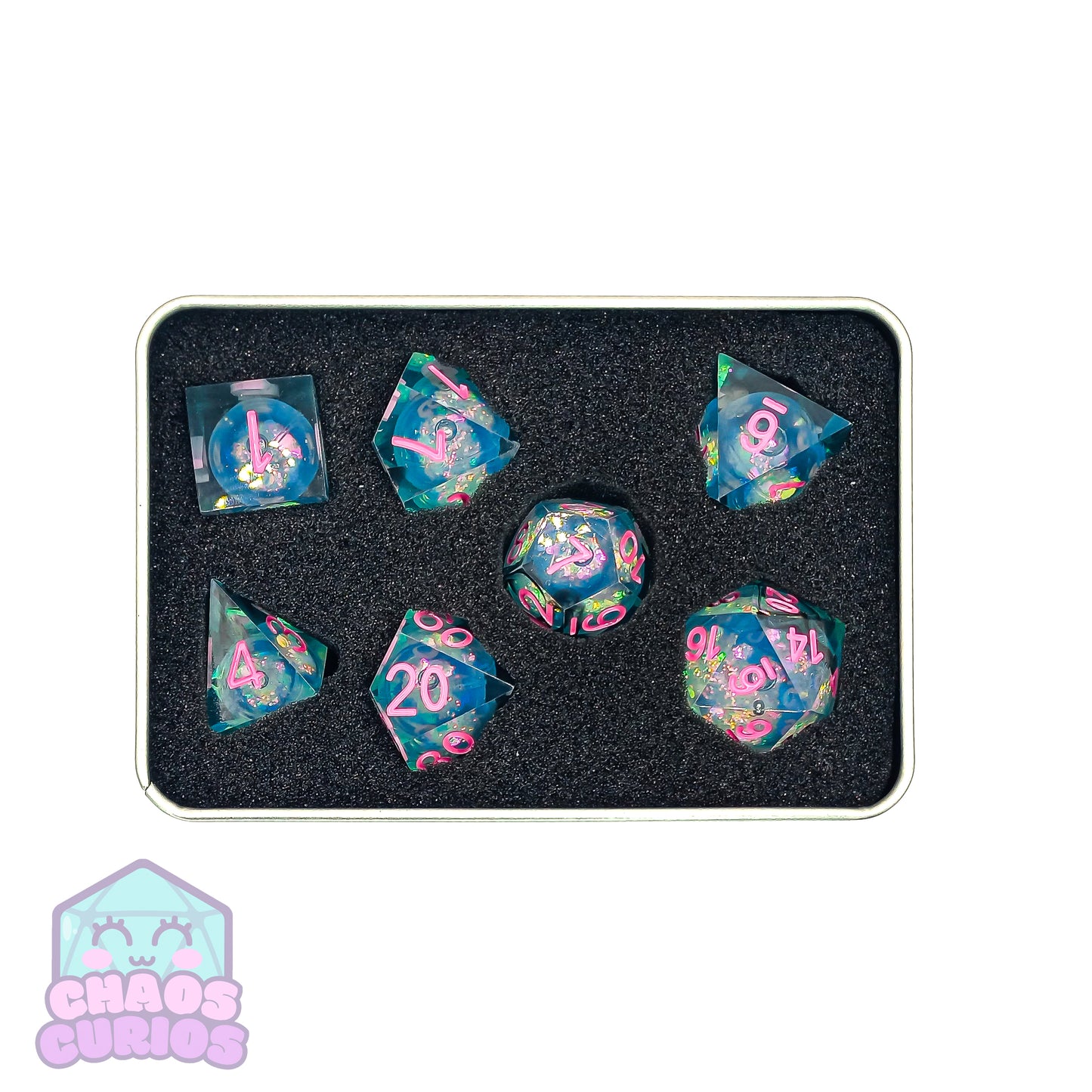 Glitter Silver Pink 7-piece Liquid Core Sharp Edged Resin Dice Set