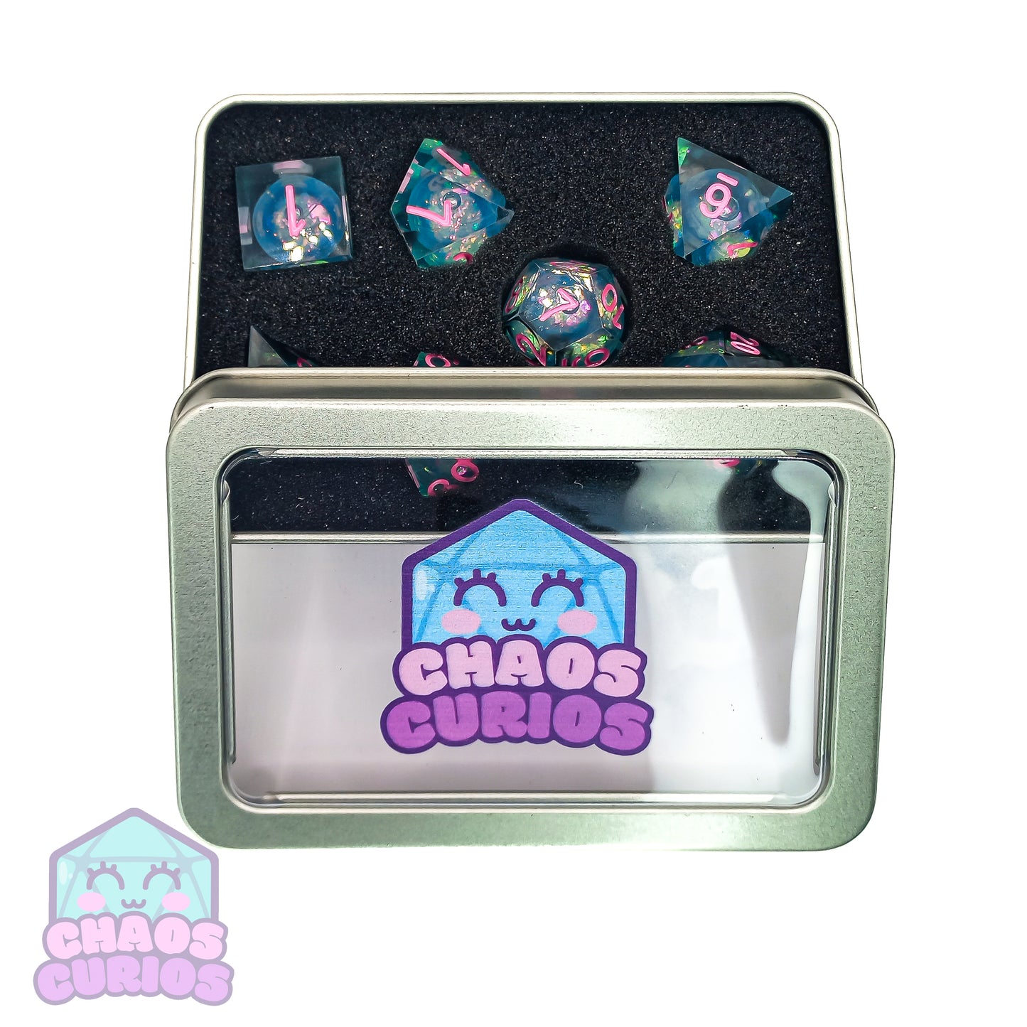 Glitter Silver Pink 7-piece Liquid Core Sharp Edged Resin Dice Set