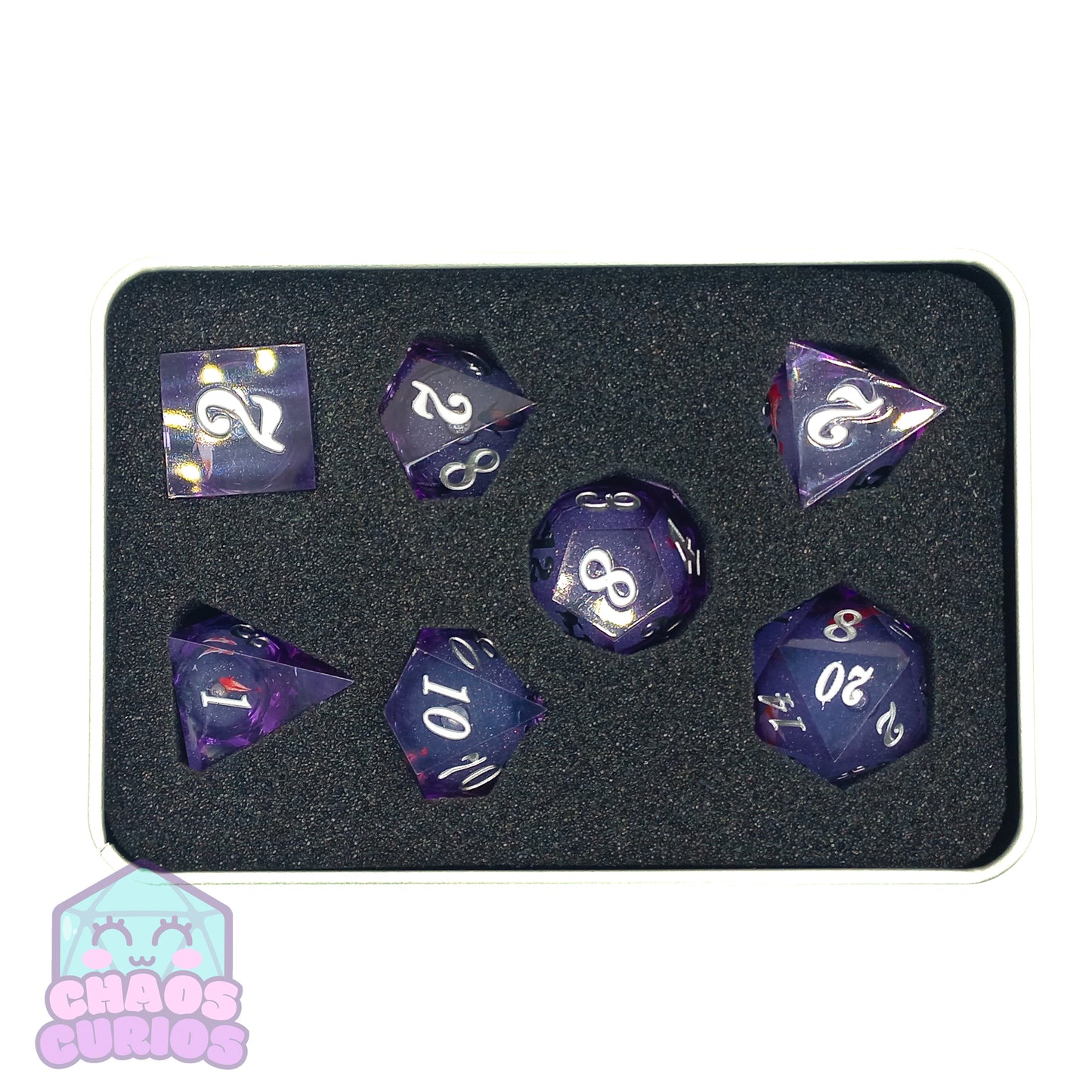 Glitter Koi Fish 7-piece Liquid Core Sharp Edged Resin Dice Set