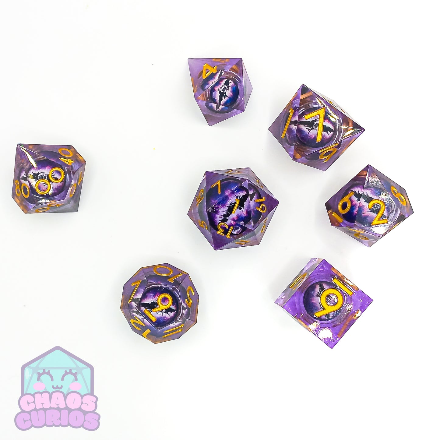 Rolling Purple Monster Dragon Eyes 7-piece Liquid Core Sharp Edged Resin Dice Set