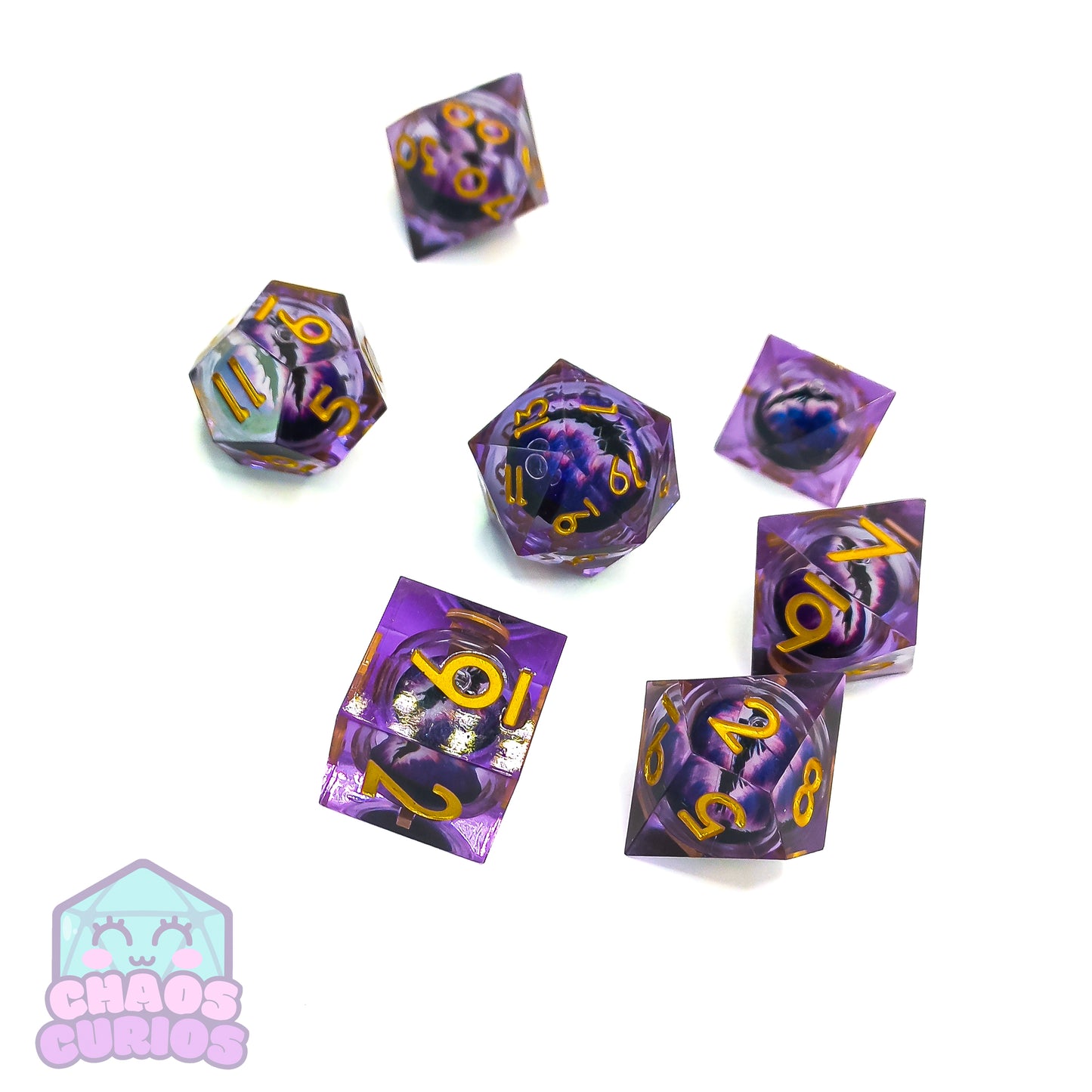 Rolling Purple Monster Dragon Eyes 7-piece Liquid Core Sharp Edged Resin Dice Set