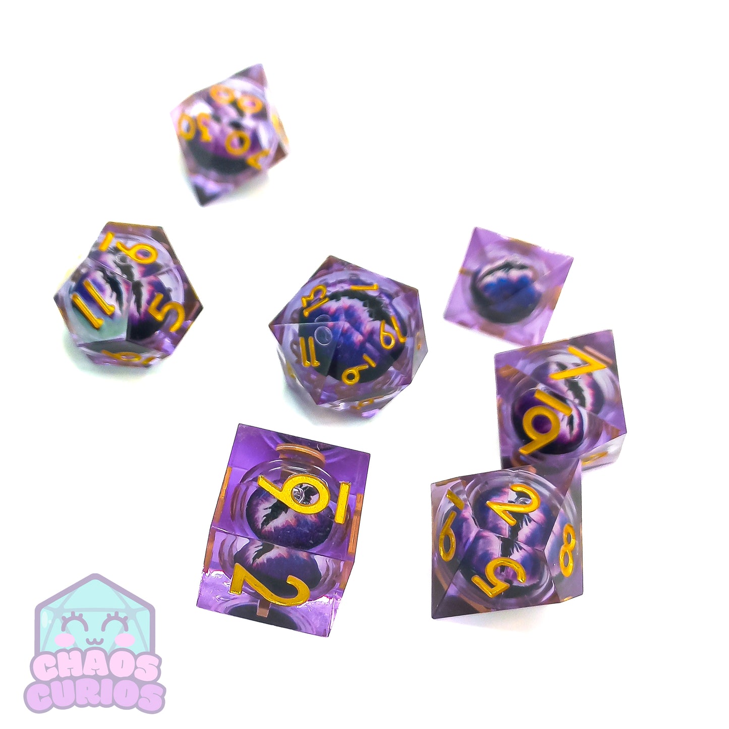 Rolling Purple Monster Dragon Eyes 7-piece Liquid Core Sharp Edged Resin Dice Set